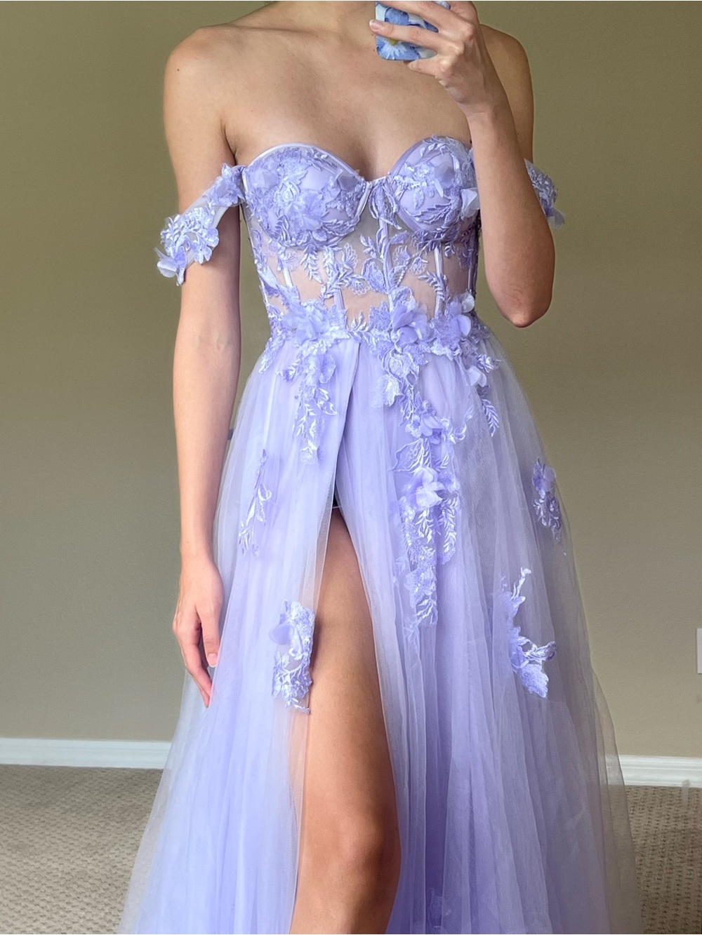 Lavender Corset Off-Shoulder Lace Appliqué Tulle Gown